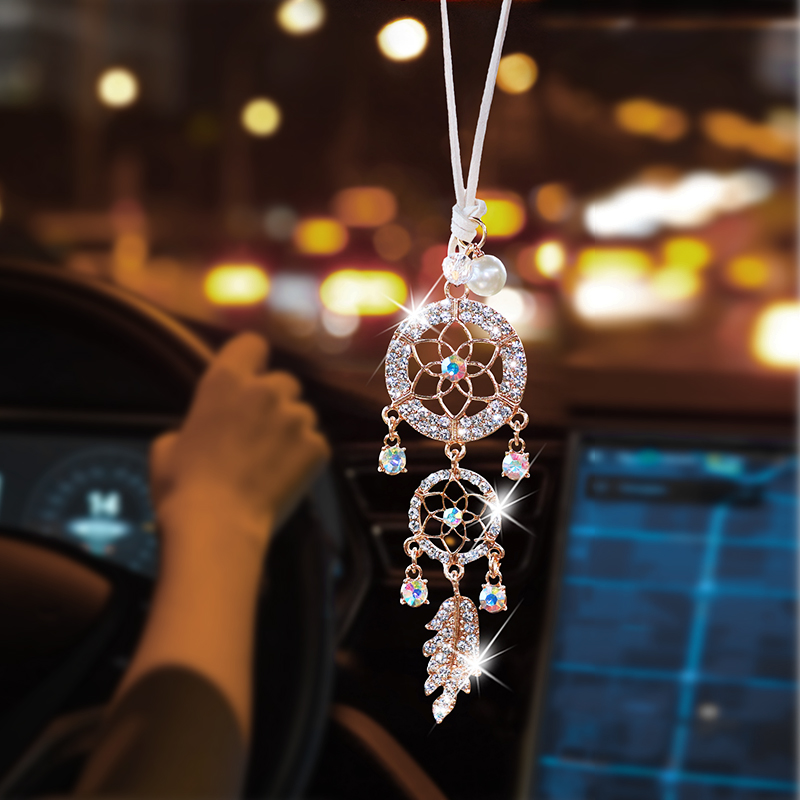 Car Accessories Evil Eye - Diamond-encrusted Flower Shape Dreamcatcher Car Pendant,